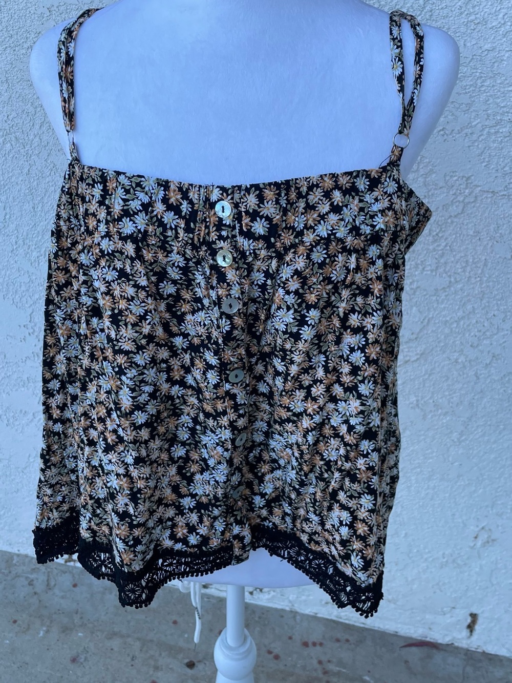 Floral Button-Front Spaghetti Strap Tank - Black with White & Mustard Daisies